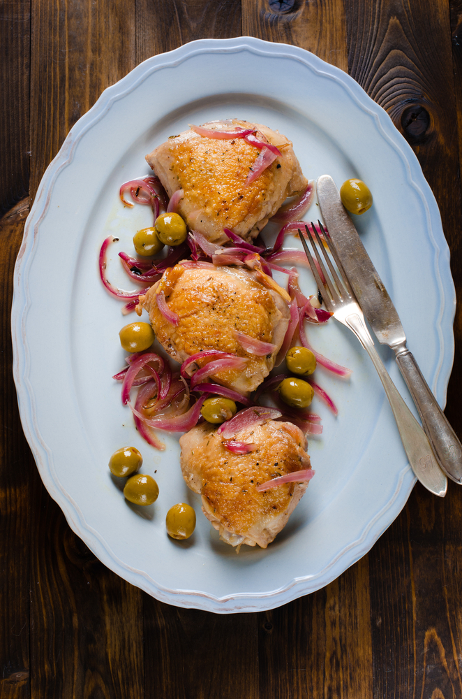 Crispy Chicken Thighs With Peppers, Capers and Olives