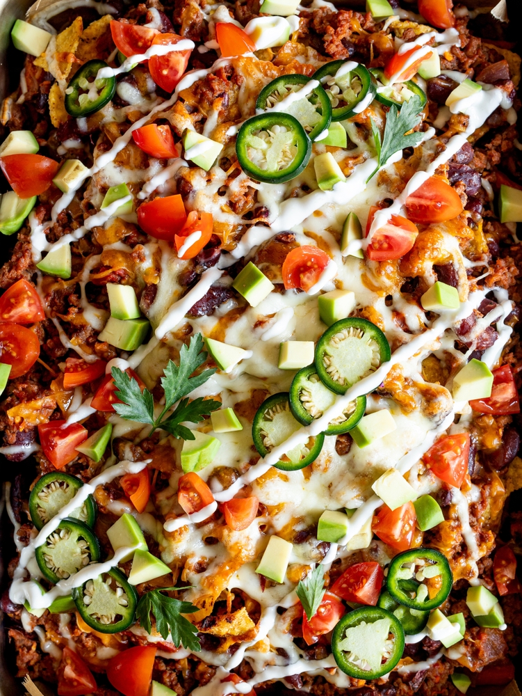 Loaded Nachos with Ground Turkey, Beans and Cheese