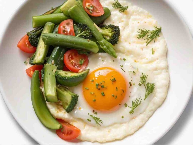 Cheesy Grits with Fried Eggs and Vegetables