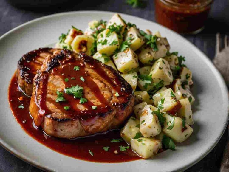 Pork Chops in a Sweet Chili Sauce with Creamy Cilantro Potato Salad